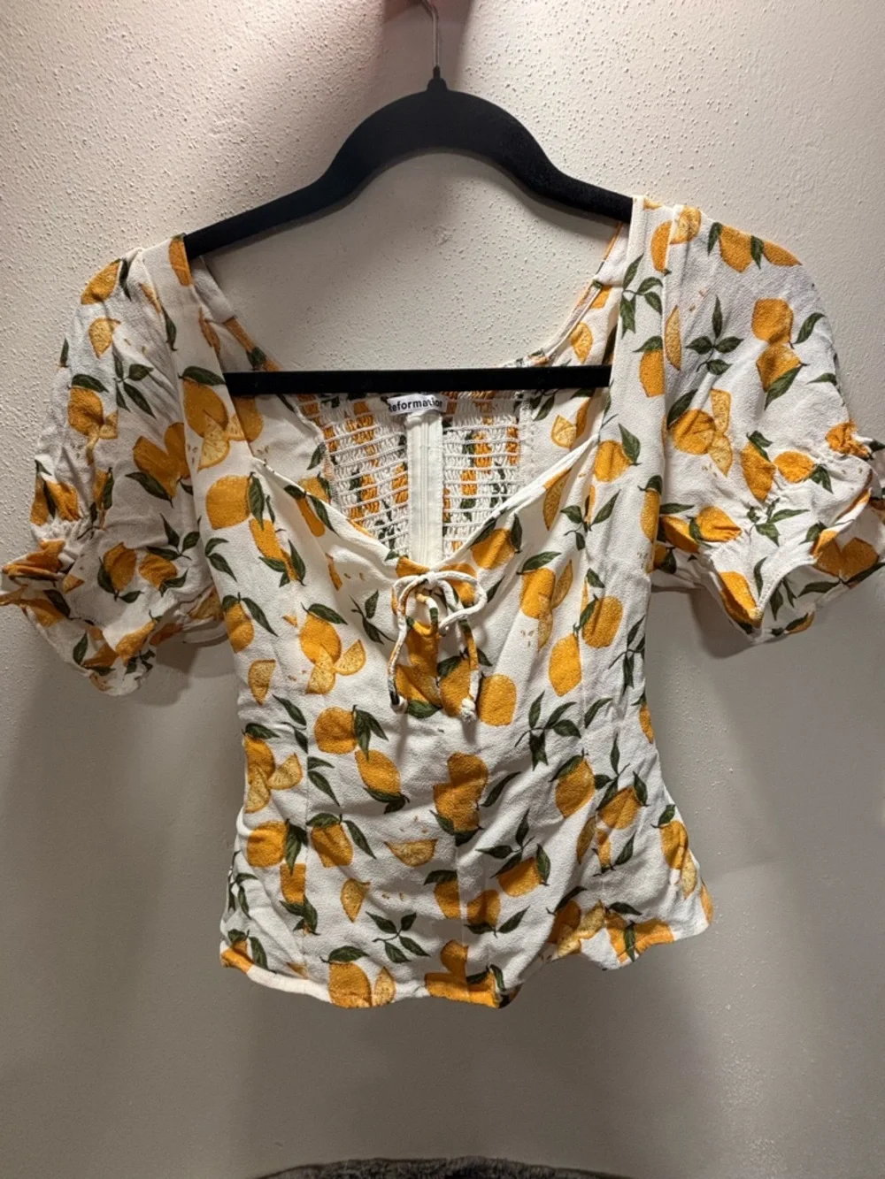 Reformation Cream Lemon Print Puff Sleeve Blouse